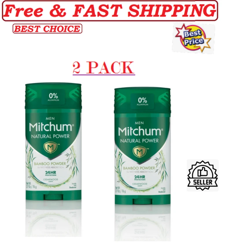 2 Mitchum Men Natural Power Bamboo Powder Cedarwood Scent Deodorant 24 HR