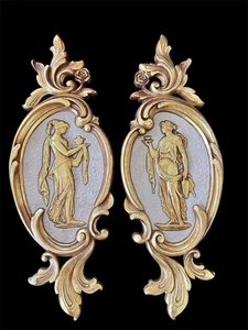 SET Vintage Syroco verzierte neoklassizistische römische Gold vergoldet Relief Paar Wandtafeln - Bild 1 von 12