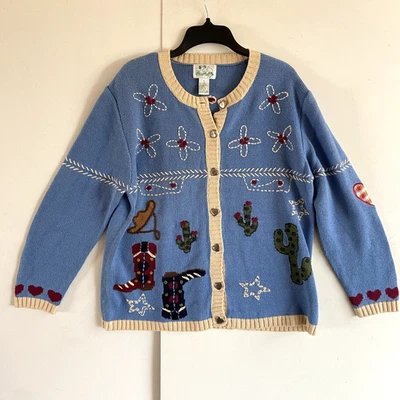 Quacker Factory Womens Med Cowboy Boots Western Cactus Cardigan Sweater Blue Sta - Image 1 of 4