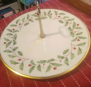 Vtg Lenox Holiday 11" Cake Cookie Plate Handle Serving Dish Christmas Gold Trim  - Picture 1 of 4