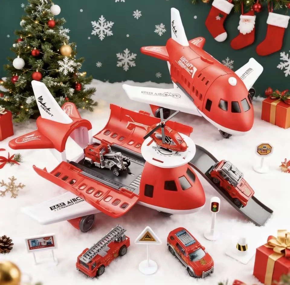 Новая модель самолета-трансформера с местом для хранения 3 игрушечных автомобиля + 1 мини-самолет рождественский детский - Изображение 1 из 4