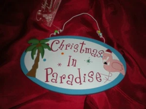 TROPICAL CHRISTMAS PINK FLAMINGO ORNAMENT WOOD SIGN "CHRISTMAS IN PARADISE" - Bild 1 von 5