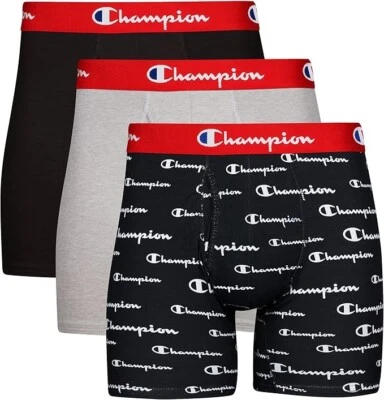 Nuevo paquete de 3 calzoncillos boxer elásticos de algodón Champion para hombre negros/logotipos/grises talla grande Foto 1 de 4