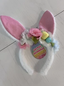 NWT Easter Bunny Ears Headband White Fuzzy Glitter Flower Crown Eggs New - Picture 1 of 5
