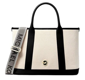 Michael Kors Bag Shoulder Bag Shopper Luisa Md Satchel Natural Black New - Picture 1 of 12