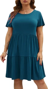 Womens plus Size Casual Ruffle Dress Short Sleeve Layered Swing Midi T Shirt Dre - Picture 1 of 12