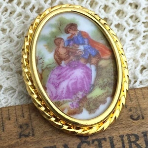 Vintage Limoges Brosche Porzellan Kamee Anstecknadel Gold Hof Portrait signiert Frankreich - Bild 1 von 9