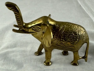 Vintage Brass Metal Elephant Statue Sculpture Detailed Trunk Up MCM 9" Tall - Picture 1 of 5