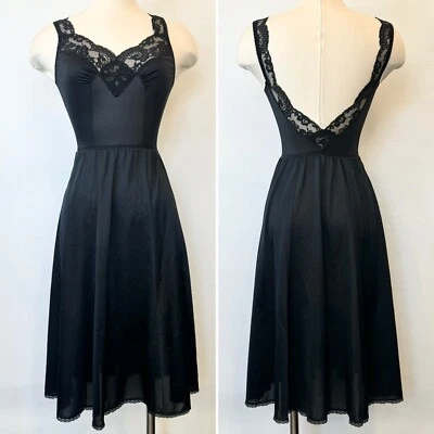 Olga Silky Satin Black Nylon Spandex Vintage Bodysilk Lace Midi Slip Dress S - Image 1 of 4