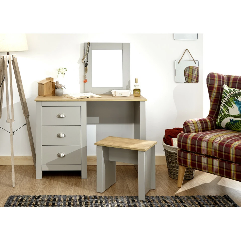 GFW Lancaster Dressing Table Set with Mirror & Stool - Grey