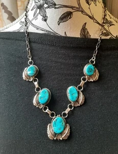 Old Necklace Native Navajo Signed SS Sterling 5 BIG Turquoise 20" VTG 36g ⬇️Read - Picture 1 of 17