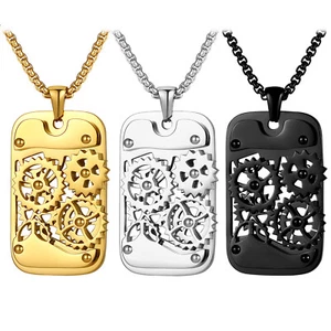 Men Military Steampunk Dog Tag Necklace Stainless Steel Punk Gear Pendant Chain - Picture 1 of 16
