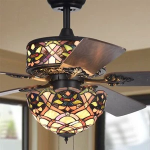 Kalsti 6-Light Lily Tiffany 5-Blade 52-Inch Matte Black Ceiling Fan - Picture 1 of 5