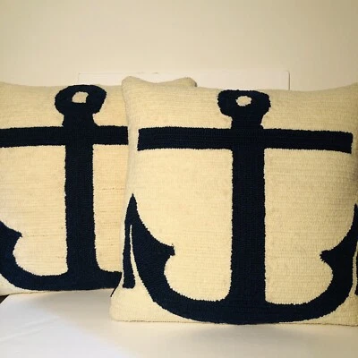 Crochet Anchor Pillows Safavieh 18”x18” White Marine Blue Ocean Room Decor - Image 1 of 4