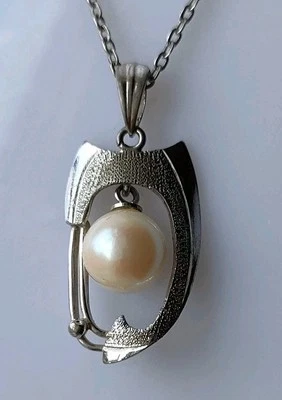 Unique Early Art Deco Large Akoya Pearl Sterling Silver Pendant Necklace - Image 1 of 4