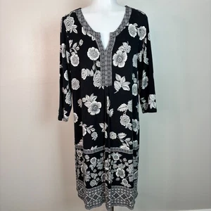 J. Jill Shift Dress Medium Black White Floral 3/4 Sleeve Stretch Women's - Picture 1 of 11