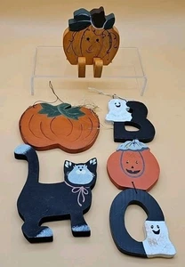 4 Halloween Wood Bundle Black Cat Pumpkin Shelf Sitter Boo Door Wall Hangers - Picture 1 of 9