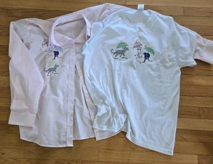Shirts Women's Pink Blouse & White T-shirt XL Embroidered Kitties Cats Umbrellas - Picture 1 of 12