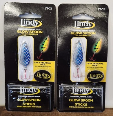 Lindy Glow Spoon 1/8 oz Blue Scale Fishing Lure Lot of 2 Ice Jigging Glow Sticks - Image 1 of 3