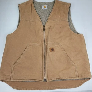 Carhartt Vest Men Medium / Large Brown Rugged Sherpa lined Canvas Zip Cotton - Picture 1 of 15