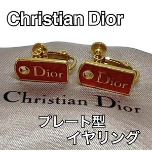 DDP Christian Dior Logo Plate Gold Tone Earrings red women Used From Japan - Picture 1 of 8