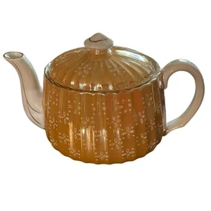 Vintage Amber Lusterware Porcelain Teapot with Iridescent Gold Trim Lid - Picture 1 of 9