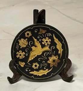 Damascene Toledo Miniature Plate Round Floral Bird 24k Inlaid Footed w/ Stand - Picture 1 of 3