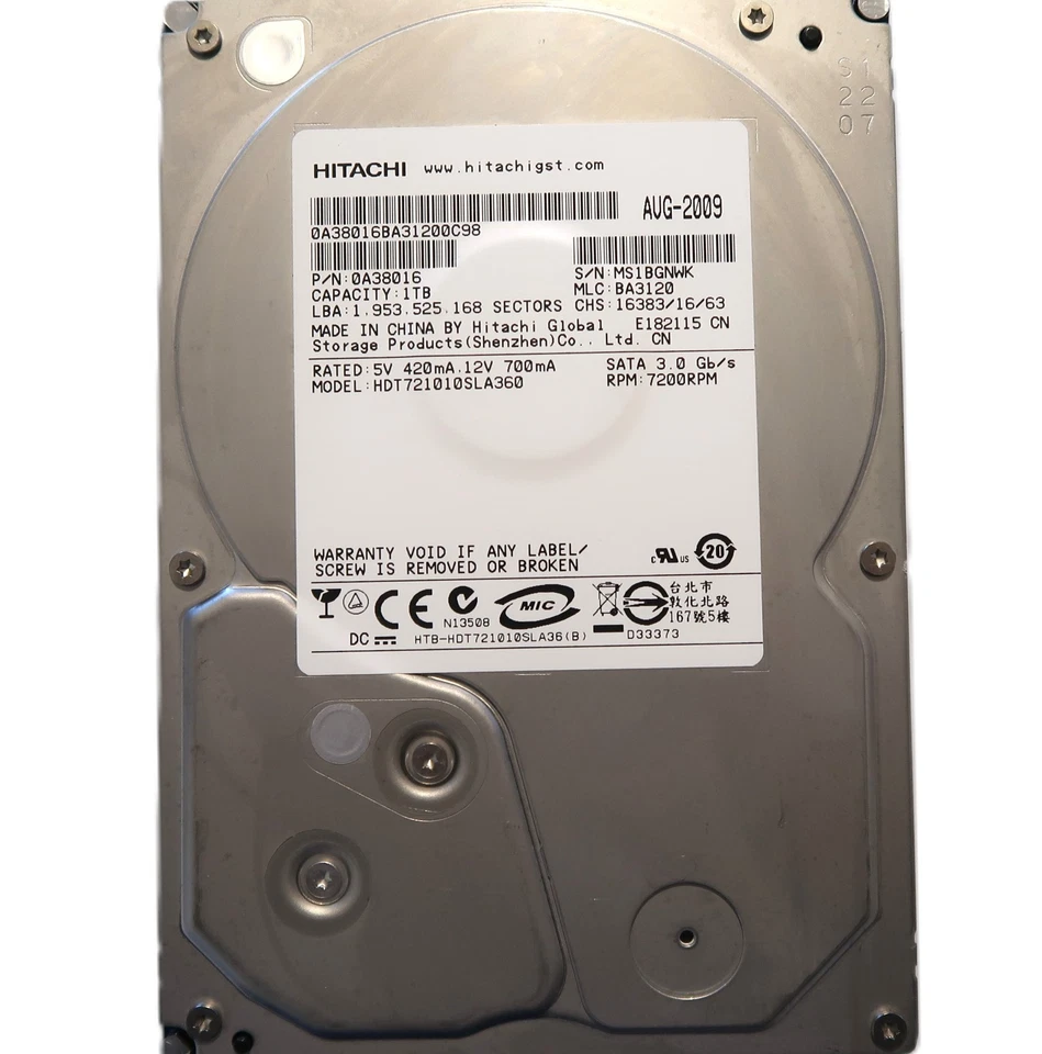 Hitachi HDT721010SLA360 0A38016 BA3120 Cina (MS1B) 3.5" 1TB Sata HDD AGO-2009 - Immagine 1 di 1