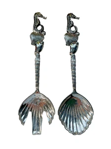Godinger Silver Plated Serving Spoon & Fork Set Seahorse Coastal Ocean Bin16 - Picture 1 of 10