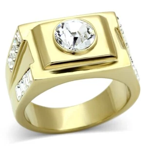 Mens Gold Ring Solitaire accent Pinky Signet Stainless Steel Classy Baguettes CZ - Picture 1 of 4