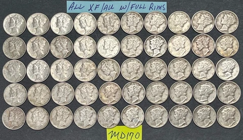 90% Silver Mercury Dime Roll of 50 Dimes | All are XF/AU with FULL RIMS | #MD170 Cover