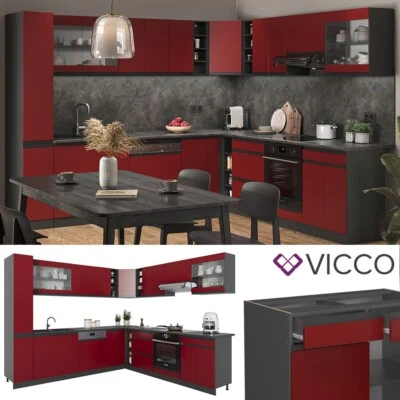 Eckküche Küchenblock Einbauküche R-Line J-Shape Anthrazit Rot 277x257 cm Vicco - Bild 1 von 4
