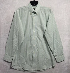 Kirkland Mens Button Shirt Green Stripe Medium Cotton Long Sleeve Collar No Iron - Picture 1 of 7