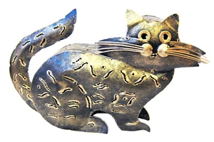 Gato Forma Portavelas Pequeño Plata/Oro Acero Vela Soporte Comercio Justo 24CM - Imagen 1 de 8