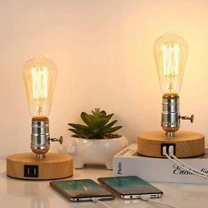 Set of 2 Small Table Lamp Industrial Bedside Desk Lamps w/ USB Port Bedroom Dorm - Picture 1 of 7