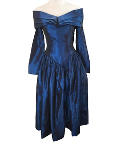 Vintage 1980s Midnight Blue Gunne Sax Style Formal Dress Hand Made Small - Imagen 1 de 14