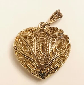 Valentine Puffy Filigree Heart Pendant Gold Tone No Chain 1.25”x .5” - Picture 1 of 6