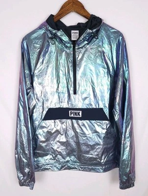 Victorias Secret 粉红色 M/L 码五颜六色的 Iridescent Anorak 连帽套衫夹克 — 第 1/4 张图片