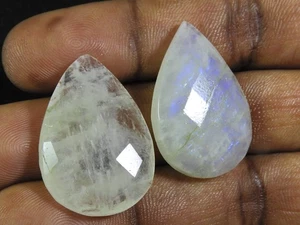 20X30 MM Natural Rainbow Moonstone Checker Cut Pear Loose Gemstone 2 Pcs Lot - Picture 1 of 9
