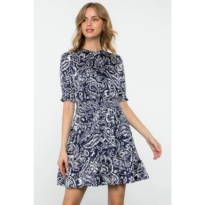 Mini vestido THML azul marinho manga curta cetim cintura borrada casual chique babado XS - Imagem 1 de 4