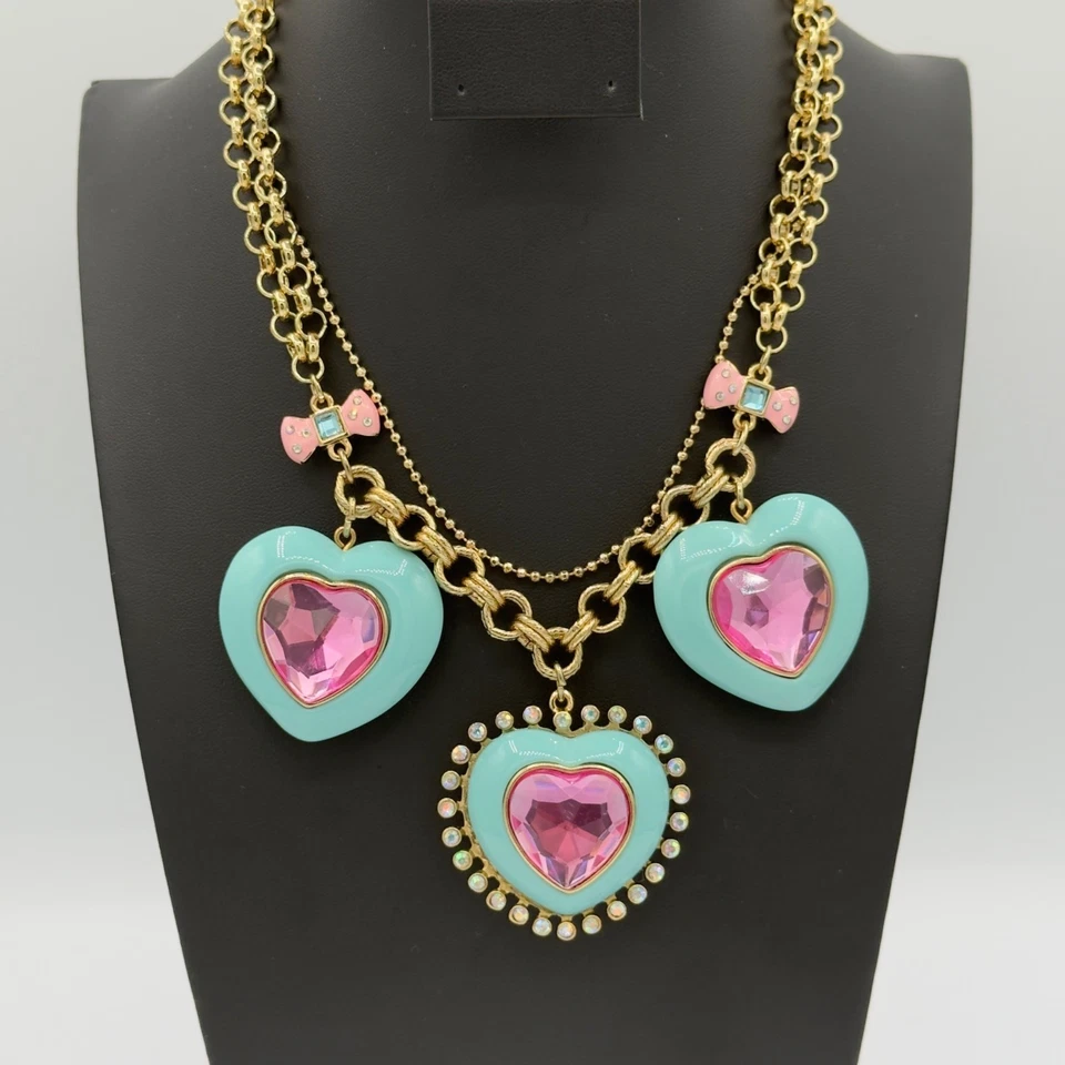 Betsey Johnson Candy Land Heart Necklace Retired Statement Aqua Blue Pink - Image 1 of 4