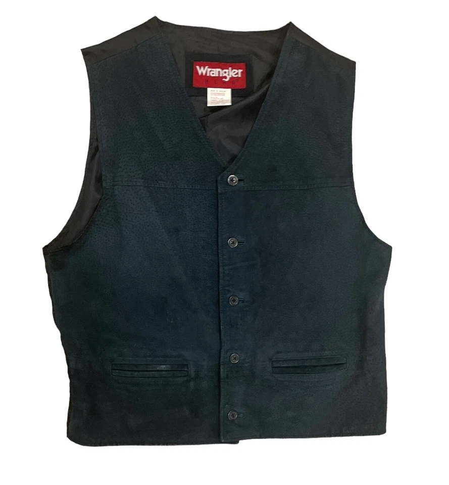 VTG Wrangler Hero Leather Vest Dark Green Black Western Cowboy Rodeo Men’s Sz M — 第 1/4 张图片