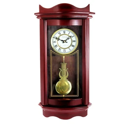 Bedford 25" Weathered Chocolate Cherry Wood Finish Wall Clock w Pendulum Chimes - Image 1 of 4