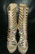 SIZE 3 36 GOLD DIAMANTE UP LEG SHIN CALF HIGH ANKLE CUFF GLADIATOR SANDALS SHOES