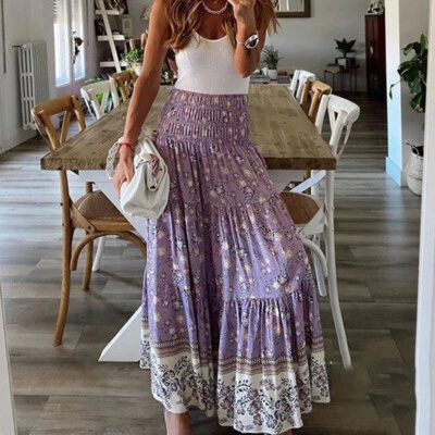 Mujeres Boho Floral Largo Maxi Falda Damas Elástico Playa Volantes Vestido Columpio Foto 1 de 4