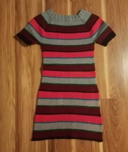 Handmade Gray, Pink & Burgundy Short Sleeve Striped Knit Sweater Dress, Small - Picture 1 of 8