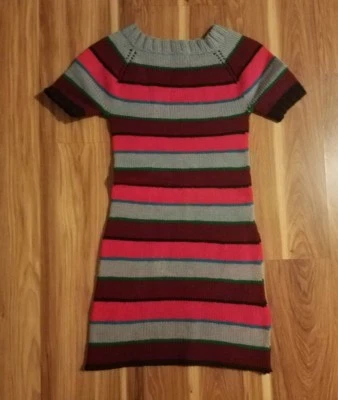 Handmade Gray, Pink & Burgundy Short Sleeve Striped Knit Sweater Dress, Small - Image 1 of 4