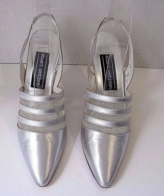 Stuart Weitzman Silver Leather Crystals Jeweled On Mesh Slingback Heels 6 1/2 AA - Image 1 of 4