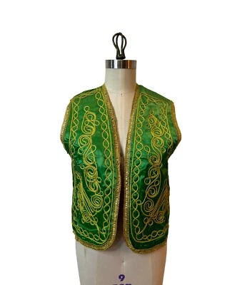 Vintage TURKISH Gold Embroidered Green Satin Vest Circa 1960s Size Small - Image 1 of 4