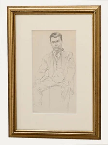 Gerahmte Graphitzeichnung 20. Jahrhundert - Porträt eines Herrn, der eine Pfeife raucht - Bild 1 von 6